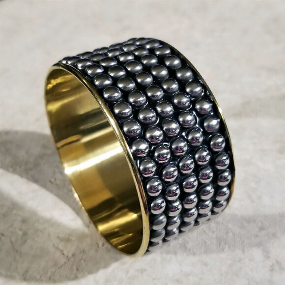 India Brass Bangle Bracelet Mid Century Style Silver Black Geometric Dot Accents - Picture 3 of 6